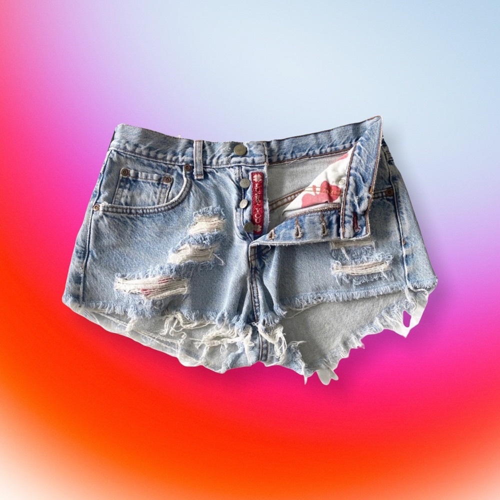 Vintage 90’s: Lucky ㋛ Destroyed Hippie Raw Hem Festival Cut Off Denim Shorts ㋛ - Picture 12 of 13